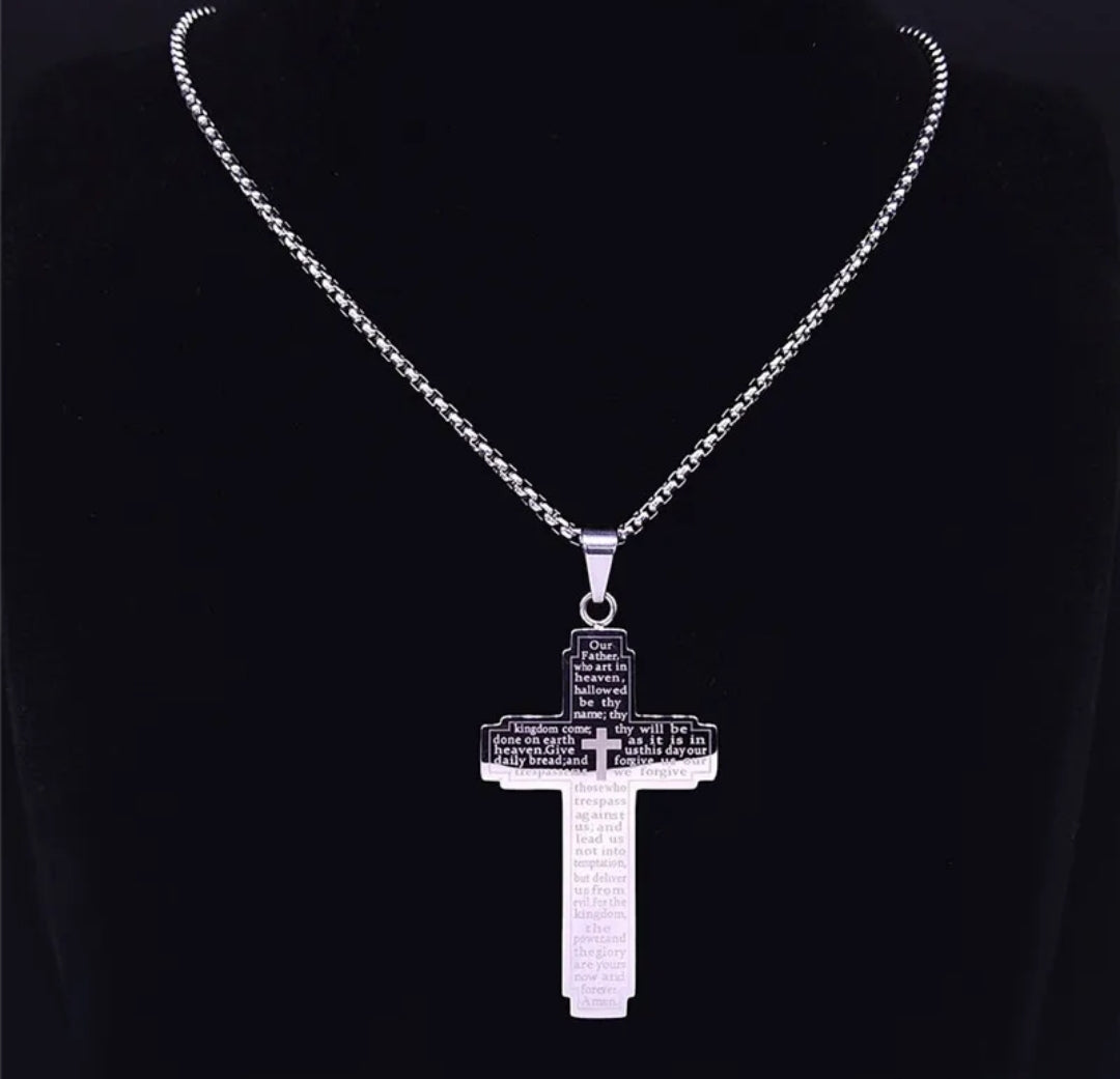 Men's Lord's Prayer Cross Pendant in Stainless Steel and Yellow IP - 24